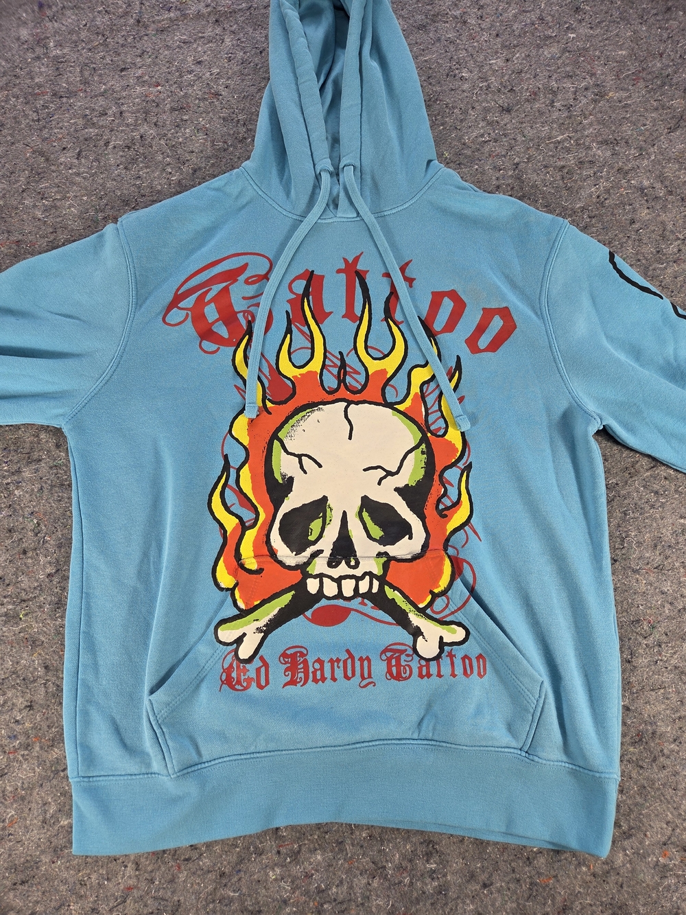 Ed Hardy Tattoo Mens M Blue Flaming Skull Graphic Pullover Hoodie Y2K